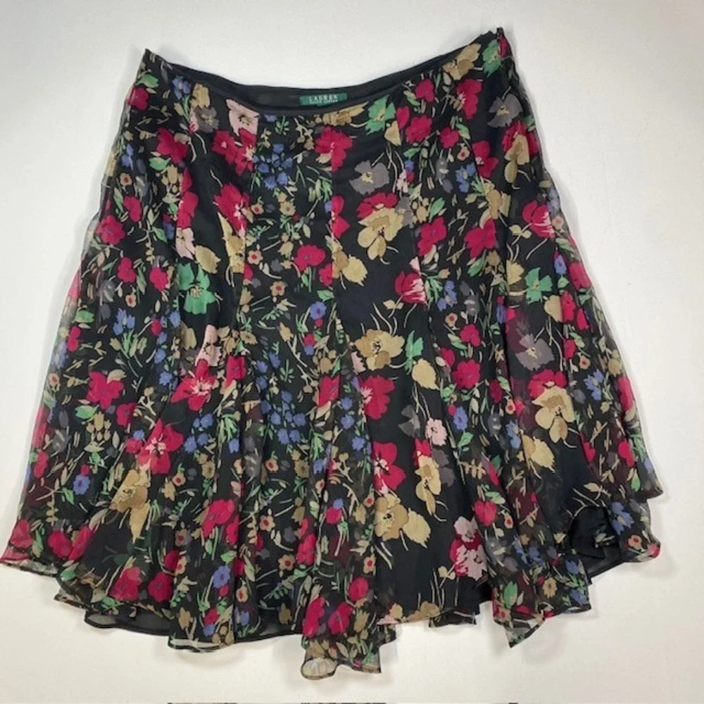 Lauren Ralph Lauren Floral Chiffon Skirt Black Red Blue‎ Size 16W Swing